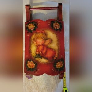 Wooden Cherub Angel Peace Sled Decoration Merry Christmas 16 “ Length